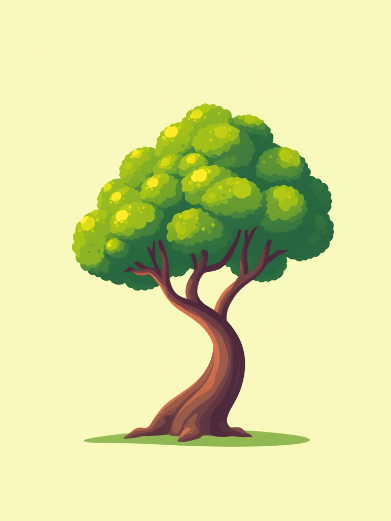 Create a vibrant illustration of a stylized tree with a thick, curved trunk and lush, rounded foliage on a light green background, captured in a minimalist digital art style using a high-resolution camera setting of 300 DPI, with a wide-angle lens to enhance the tree's shape and presence, ensuring a clean, clear view.