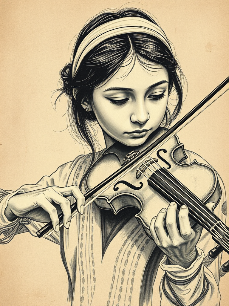 a young M'tis woman with a white headband playing a violin, in the style of a charcoal drawing, sepia grunge background
