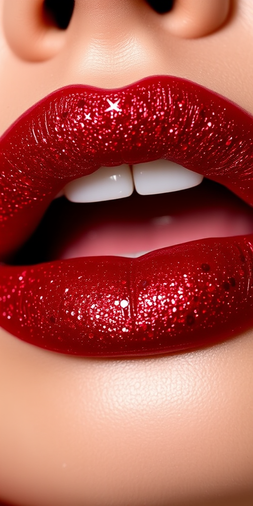 Glitter-infused ruby red lips dubbed "Sparkling Siren" combine classic glamour with modern sparkle, ideal for holiday parties and special occasions