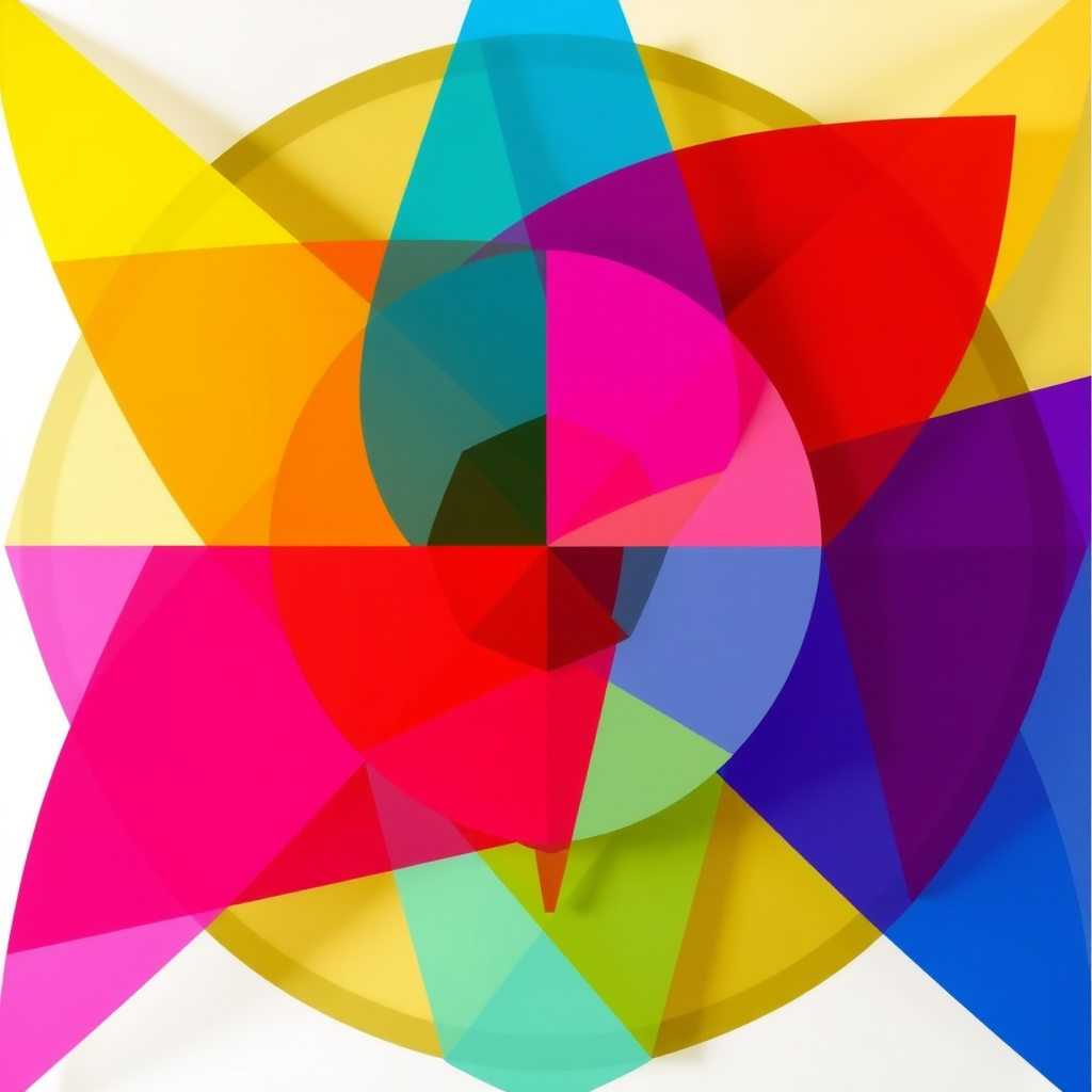 Create an abstract design featuring overlapping geometric shapes in bright colors, shot with a DSLR camera at f/2.8 aperture, ISO 100, 24mm lens, natural light, and a wide-angle view to enhance depth and detail.