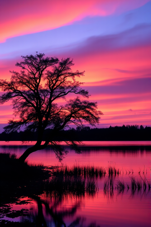 a serene landscape featuring a silhouetted tree by a calm body of water at sunset, vibrant purple and orange hues in the sky reflecting on the water's surface, shot with a DSLR camera, 50mm lens, f/8 aperture, ISO 100, using a long exposure technique to enhance the smoothness of the water and the clarity of the colors in the sky