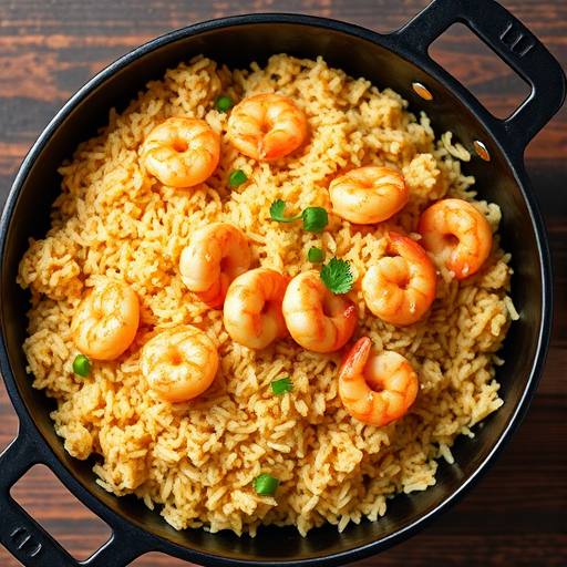 high-quality image of shrimp fried rice in a black pot, overhead view, natural lighting, ISO 100, f/4, 1/60 sec, DSLR camera