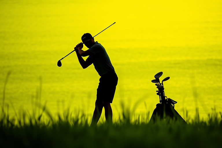Create an artistic silhouette of a golfer preparing to swing with golf clubs nearby, set against a vibrant green background, shot with a DSLR camera using a wide-angle lens at f/2.8 for a shallow depth of field, ISO 100, and a low angle view to emphasize the golfer's posture and the height of the grass.