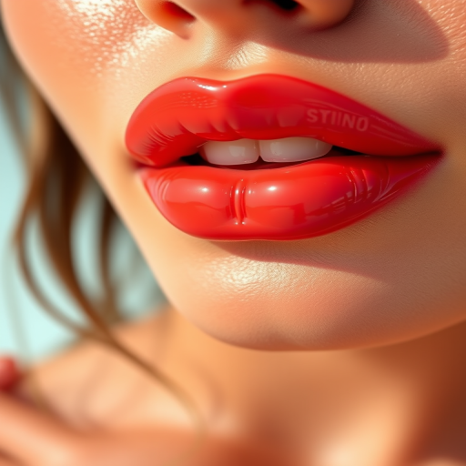 Vibrant coral lips with a glossy finish, showcasing a plump and voluminous appearance, featuring subtle ombre effects and a hint of shimmer, perfect for a summer beach look