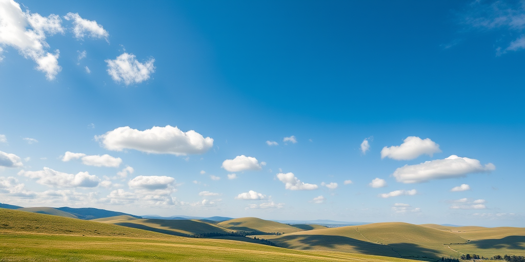 Create a high-resolution image of a serene landscape featuring rolling hills under a clear blue sky with fluffy clouds, shot with a Canon EOS R5 at f/8, ISO 100, 1/250s, using a wide-angle lens from a low perspective to capture depth and detail.