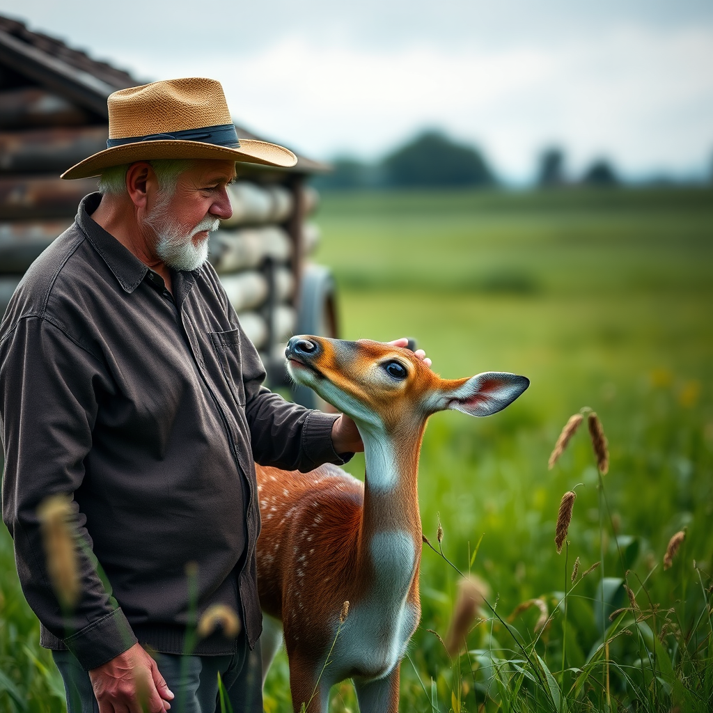 Generate an image of an older man in a hat gently petting a young deer in a lush green field near a rustic wooden trailer, captured with a Canon EOS R5, 85mm lens, aperture f/2.8, ISO 100, shallow depth of field for a blurred background effect.