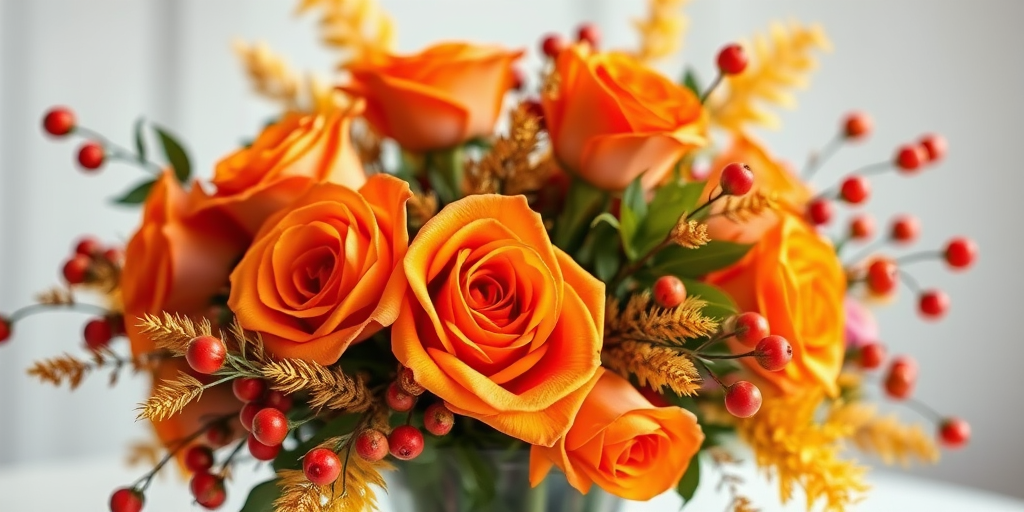 Generate an elegant floral arrangement featuring vibrant orange roses, surrounded by golden foliage and berries, with a soft-focus background; use a DSLR camera with an aperture of f/2.8, shutter speed of 1/125 sec, and ISO 100; capture from a slightly elevated angle with natural lighting to enhance color richness and texture.
