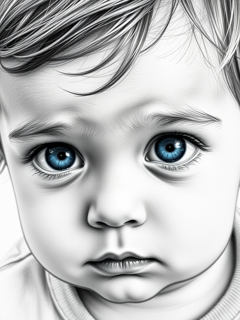 A hyperdetailed photorealistic black and white sketch of a beautiful toddler with deep blue eyes, with a macro focus