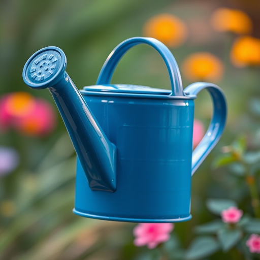 Create a high-resolution illustration of a blue watering can with a detailed spout, using a DSLR camera with a 50mm lens, aperture set to f/2.8 for blurred background effects, shot from a slightly elevated angle to capture depth, and soft lighting to enhance colors.