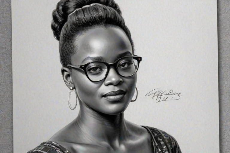 Elegant Lupita Nyong'o, pencil sketch, portrait of Comely woman 1951s in glasses, hair style beatnik, outline, clear lines, fine lines, 8k