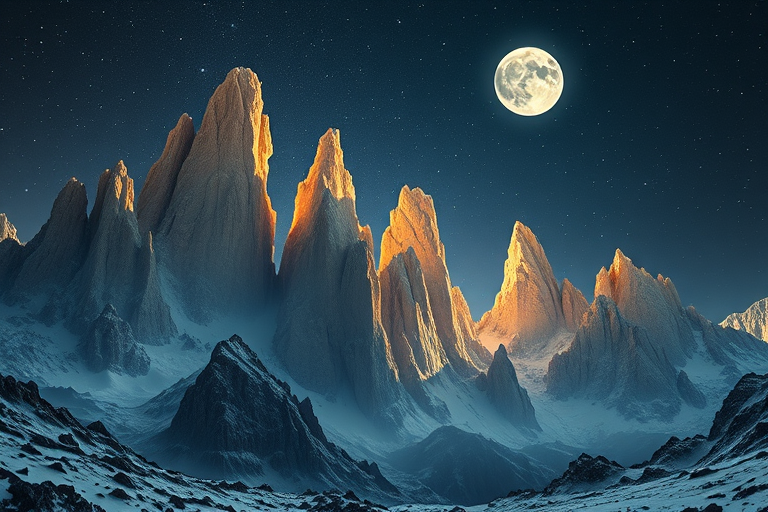 Create a stunning alien landscape featuring towering crystalline mountains illuminated by two moons in a starry sky, shot with a DSLR camera at ISO 100, f/8 aperture, 24mm focal length, and a long exposure to capture the ethereal glow and fine details.