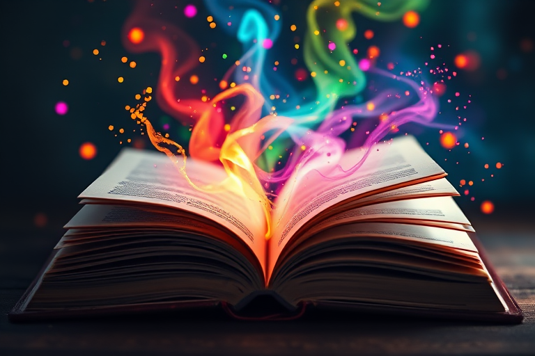 Create a vibrant image of an open book with colorful, swirling magical wisps and particles emerging from it, captured with a DSLR camera, 50mm lens, f/1.8 aperture, ISO 100, 1/200 sec shutter speed, using a high contrast, shallow depth of field to enhance the mystical feel.