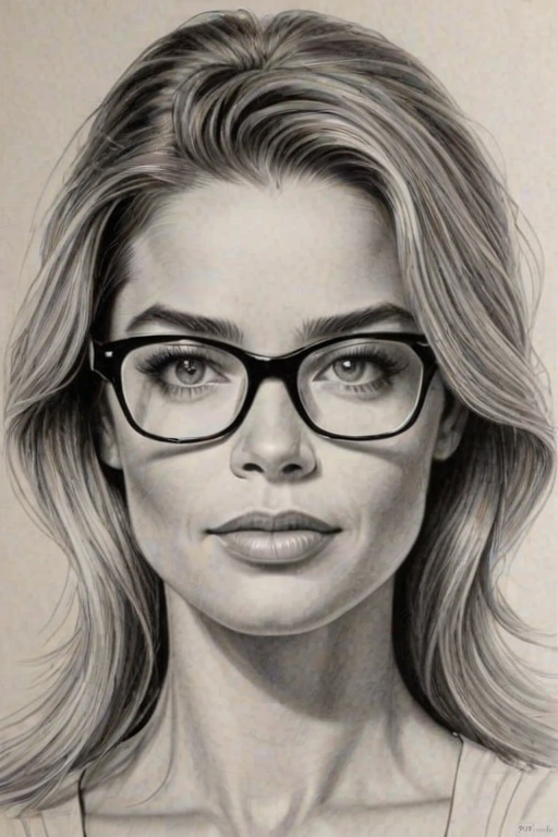 Lovely Denise Richards, pencil sketch, portrait of Comely woman 1931s in glasses, hair style beatnik, outline, clear lines, fine lines, 8k