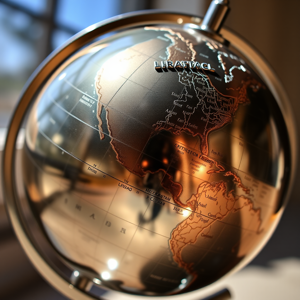 A detailed metallic globe showcasing longitude and latitude lines, captured with a Canon EOS 5D Mark IV, aperture f/8, ISO 100, 24mm lens, shot in natural light from a low angle for dramatic effect.