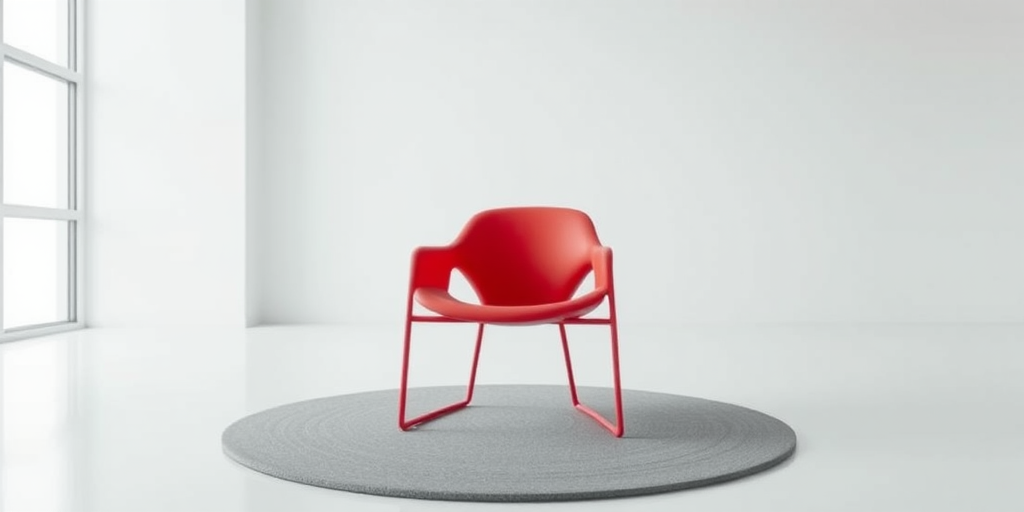 A minimalist red chair on a gray circular mat in a bright, airy room, taken with a DSLR camera at f/8, ISO 100, 1/60s, with a shallow depth of field and a slight tilt-shift effect, capturing a clean and modern aesthetic.