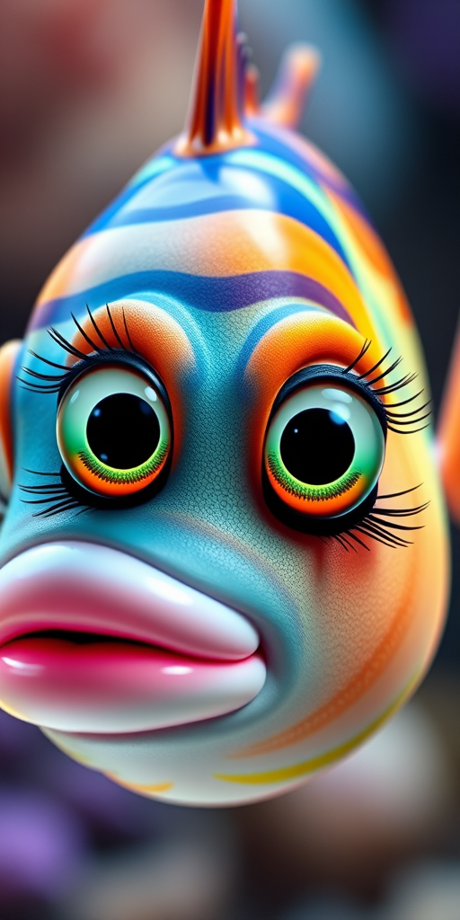 Create a vibrant, cartoon-style image of a fish with large expressive eyes, long eyelashes, and a glossy pink lips, using a Canon EOS R5 camera, 85mm lens, f/1.8 aperture, 1/250 sec shutter speed, and bright lighting for enhanced colors and sharp detail.