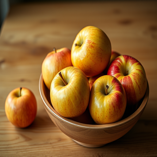 Create a hyper-realistic image of a bowl filled with shiny, ripe apples on a wooden table, with soft diffused lighting to enhance texture details, using a Canon EOS R5, 50mm f/1.2 lens, aperture set to f/2.8, ISO 100, and a shutter speed of 1/125s.