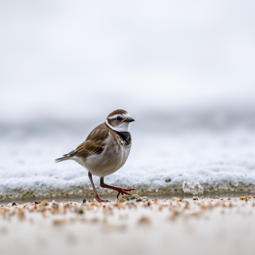Capture a close-up of a small bird on the shoreline, with a soft focus background, using a DSLR camera, 85mm lens at f/2.8, ISO 200, shutter speed 1/250s, natural lighting, and slightly overcast conditions to enhance colors and details.
