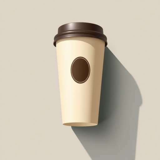 a high-quality vector illustration of a coffee cup with a minimalist design, featuring a pale beige body, a dark lid, and a circular logo in the center, captured with a Canon EOS R5 at f/4, ISO 100, 50mm focal length, top-down view, natural lighting