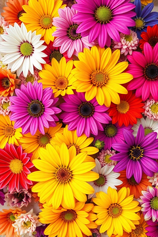 A vibrant floral pattern featuring a variety of colorful flowers, shot with a Canon EOS R5, 50mm lens, f/2.8 aperture, ISO 100, natural light, top-down view, high-resolution, soft-focus background.