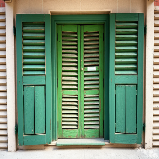 vintage wooden green shutters, high-resolution, 50mm lens, f/2.8 aperture, 1/125 sec shutter speed, natural light, front view, DSLR camera