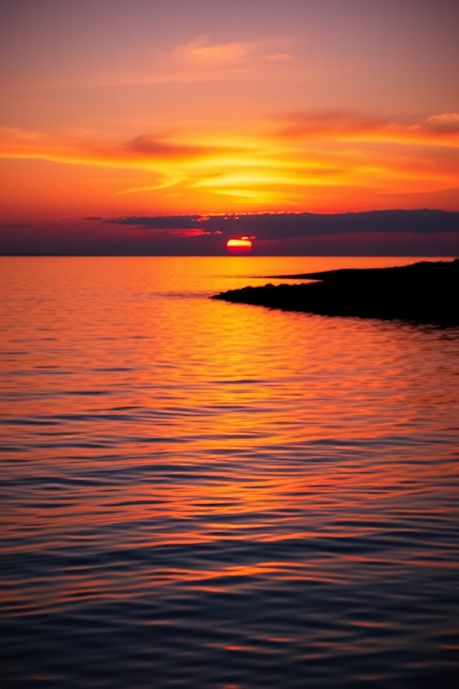 capture a tranquil sunset over calm water with vibrant orange and purple hues illuminating the sky, using a DSLR camera with a 50mm lens, aperture f/8, ISO 100, shutter speed 1/200 sec, and a wide-angle view for enhanced depth and detail