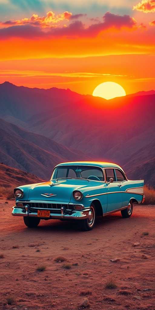 Create a vibrant, surreal landscape featuring a classic blue car against a backdrop of colorful mountains and a setting sun, use a DSLR camera, with a 24mm lens, f/2.8 aperture, ISO 100, wide-angle view, and vibrant color saturation for enhanced image quality.