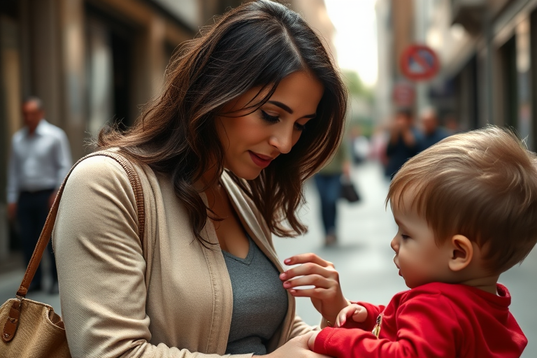 A candid street photograph of a mother adjusting her child's outfit, natural light, soft focus background, using a Canon EOS R, 50mm lens, f/2.8 aperture, ISO 200, shutter speed 1/200s, taken at eye level for an intimate perspective.