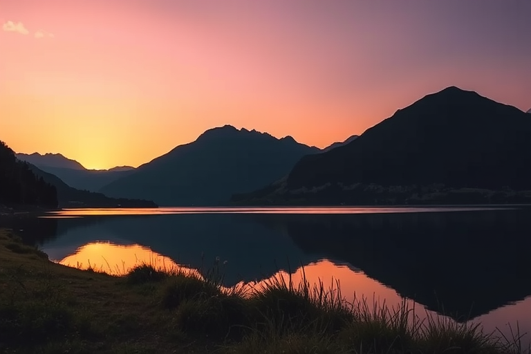 Generate a high-resolution image of a serene landscape featuring mountains and a lake during sunset, captured with a DSLR camera at f/8 aperture, ISO 100, 1/60 shutter speed, using a wide-angle lens, shot from a low angle to emphasize the foreground reflection in the water.