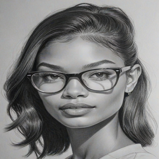 Attractive Chanel Iman, pencil sketch, portrait of Graceful woman 1957s in glasses, hair style beatnik, outline, clear lines, fine lines, 8k