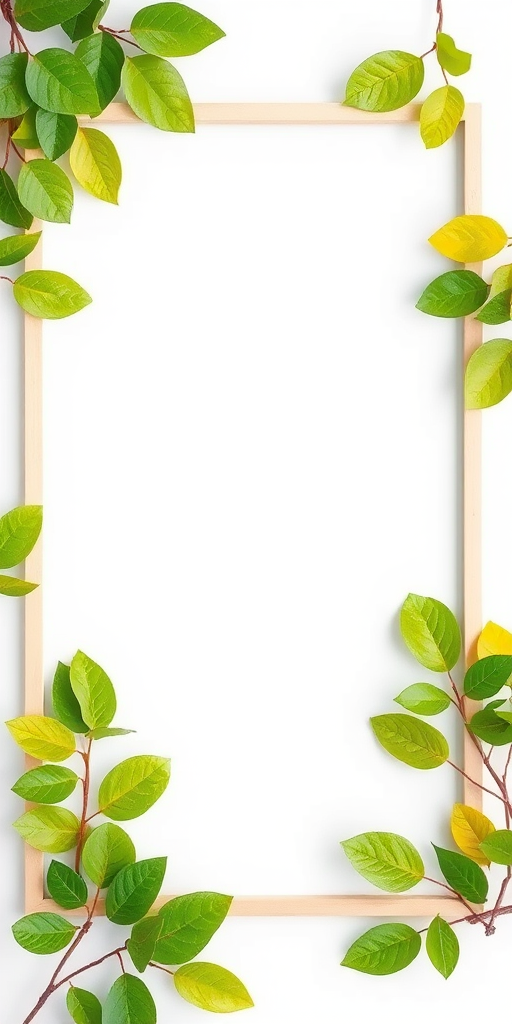 Create an image of a rectangular frame decorated with vibrant green leaves, using a 50mm lens, f/2.8 aperture, ISO 100, shot from a top-down view, in high-resolution with a digital camera for crisp detail.