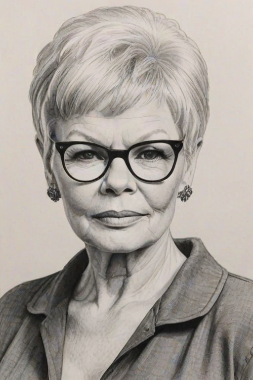 Fetching Judy Dench, pencil sketch, portrait of Superb woman 1958s in glasses, hair style beatnik, outline, clear lines, fine lines, 8k
