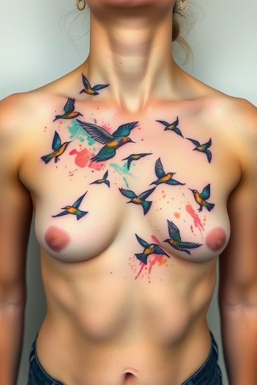 Whimsical watercolor body tattoo depicting a flock of birds in flight across the collarbone and chest, with splashes of vibrant color and loose, flowing lines