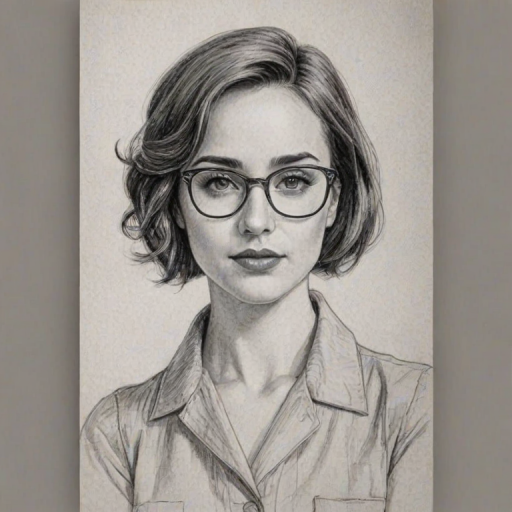 Attractive Allison Scagliotti, pencil sketch, portrait of Fascinating woman 1927s in glasses, hair style beatnik, outline, clear lines, fine lines, 8k