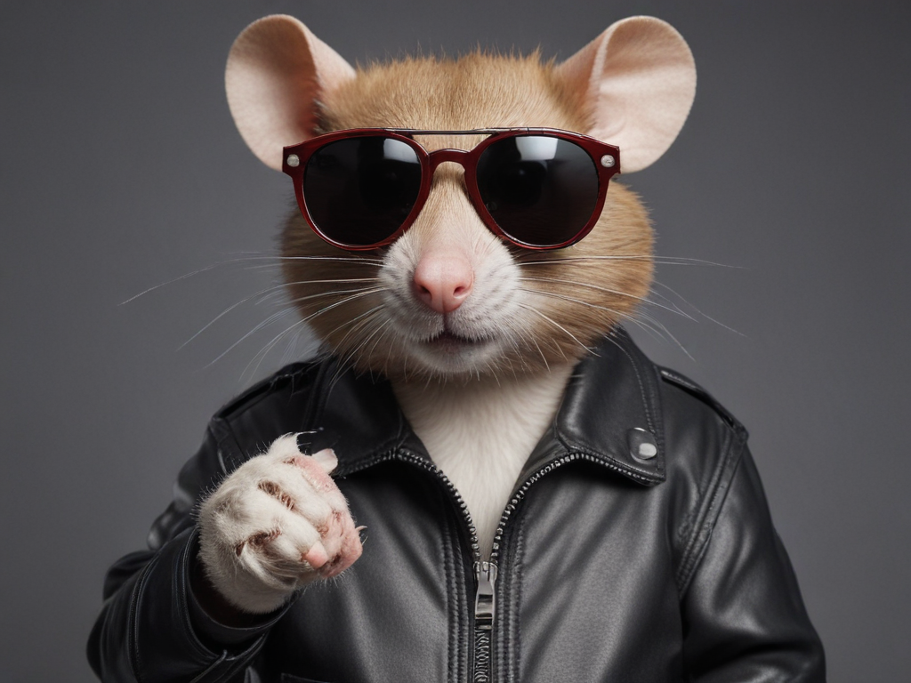 Cool rat with shades and leather jacket shooting a puck
