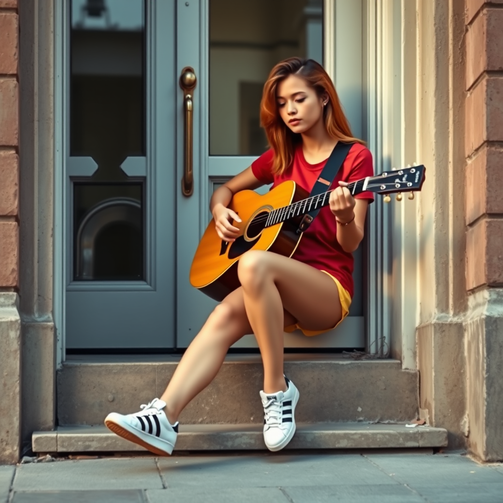 Ultra-realistic and very detailed image, high resolution and definition of a young woman, a rocker. She's sitting on the step of a doorway, with one leg stretched out, playing an acoustic guitar. The young woman is wearing a red T-shirt and yellow shorts. Adidas trainers. The door is glazed and mirrors the street.