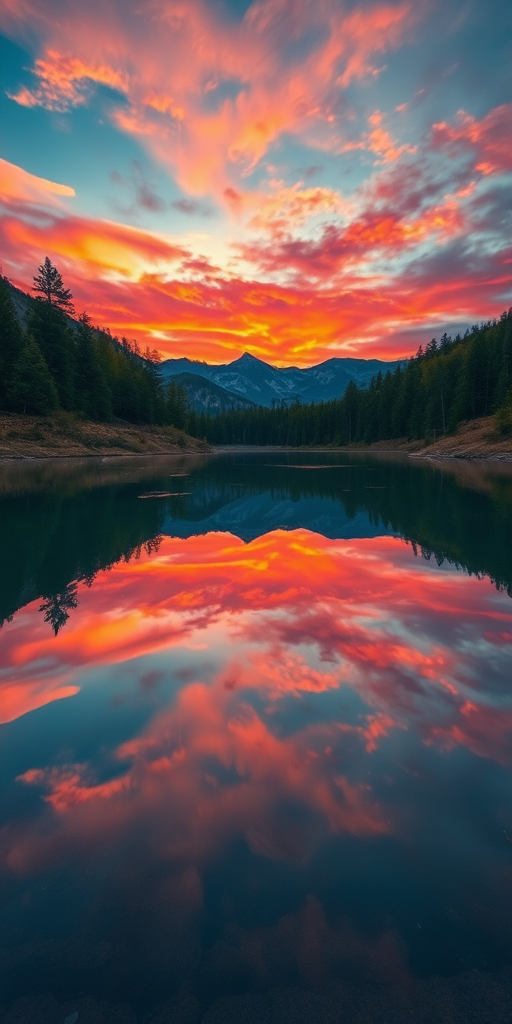 Generate a high-resolution image of a serene landscape at sunset with vibrant colors and clear reflections in a still lake using a Canon EOS R5, 24mm f/1.4 lens, ISO 200, shutter speed 1/60 sec, aperture f/8, wide-angle view, natural lighting, and a cinematic style.