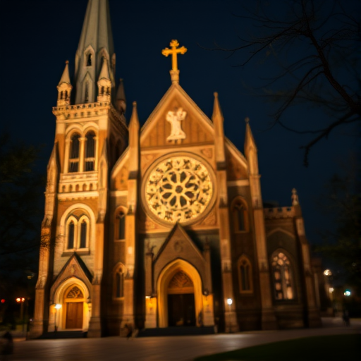 Capture a high-resolution image of a gothic church at night, using a DSLR camera with a 50mm lens, aperture set to f/2.8 for shallow depth of field, ISO at 800 for low light sensitivity, and a shutter speed of 1/60 seconds to ensure clarity in the illuminated details while maintaining a slight bokeh effect in the foreground.