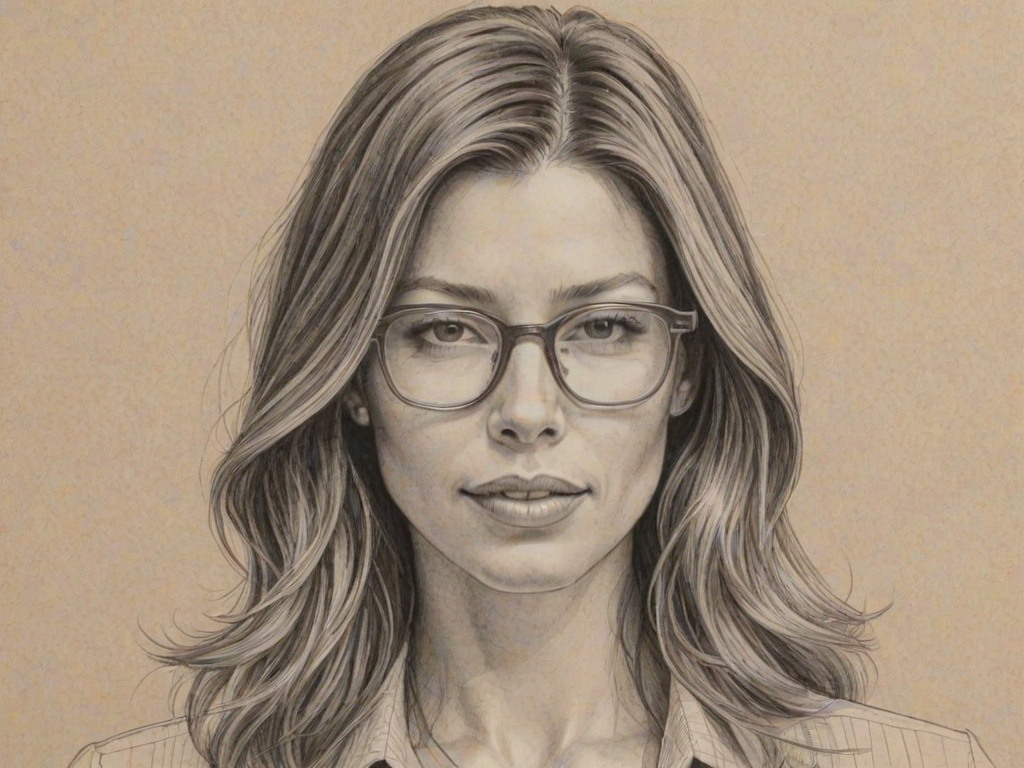 Comely Jessica Biel, pencil sketch, portrait of Bewitching woman 1972s in glasses, hair style beatnik, outline, clear lines, fine lines, 8k