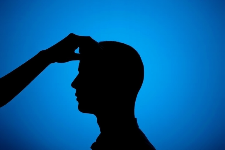 Create a digital illustration of a human silhouette with a hand touching a button on the head, using a gradient blue background, in high resolution, shot with a Canon EOS R5 at f/8, 1/60 sec, ISO 100, in portrait orientation, with soft lighting for a clean, modern look.