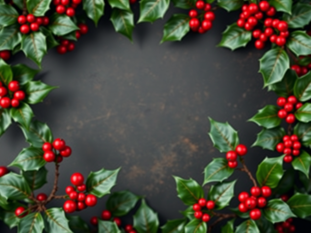 Generate a vibrant image of a festive border featuring holly leaves and red berries with a high-resolution texture, using a DSLR camera with a 50mm lens, aperture set at f/2.8, ISO 100, and a shallow depth of field for enhanced clarity and detail.