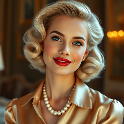 A beautiful Georgian woman reminiscent of 1950s Hollywood glamour, with perfectly styled blonde hair and a seductive smile, dressed in a satin blouse and adorned with pearls, soft and warm tones, photorealistic, 8K
