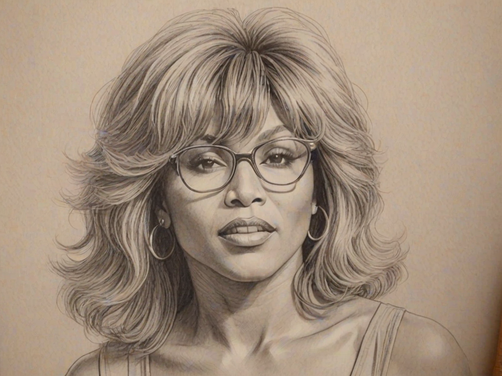 Gorgeous Tina Turner, pencil sketch, portrait of Alluring woman 1976s in glasses, hair style beatnik, outline, clear lines, fine lines, 8k