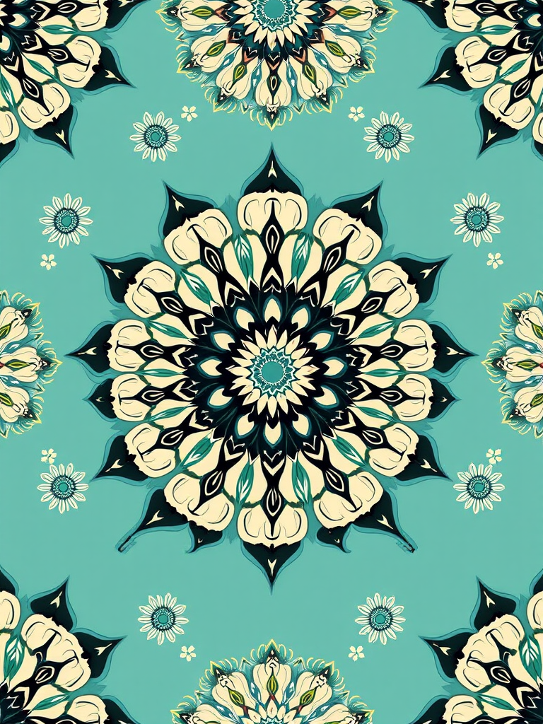 create a seamless pattern of intricate floral mandalas in soft cream and black on a teal background, captured with a Canon EOS R5, 50mm lens, f/2.8 aperture, 1/125s shutter speed, in bright daylight with soft shadows, high resolution.