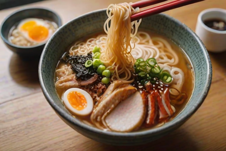 Close-up of a steaming bowl of ramen on a wooden table, soft natural light from a nearby window illuminating the rich broth and toppings, with chopsticks resting on the edge of the bowl.