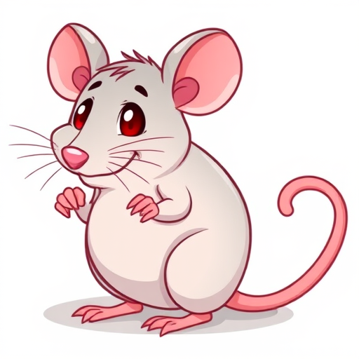 Create a cartoon-style illustration of a rat with a rounded body, pink ears and paws, red eyes, and a long curved tail, using a high-resolution digital art style, 300 DPI, in a vector format, with a clean white background.