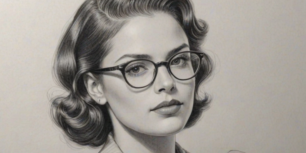 Stunning Anabelle Acosta, pencil sketch, portrait of Resplendent woman 1936s in glasses, hair style beatnik, outline, clear lines, fine lines, 8k