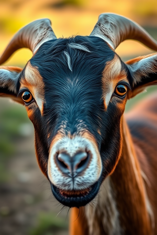 Create a high-resolution portrait of a goat's head with vivid colors and sharp details, using a DSLR camera with a 50mm lens, aperture set to f/1.8, ISO 100, and natural lighting to enhance the image quality.