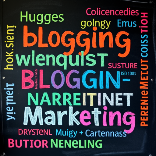 Create a high-resolution image of a black chalkboard filled with colorful, styled words related to blogging and internet marketing, using a DSLR camera, with an aperture of f/2.8, shutter speed of 1/60s, ISO 100, a wide-angle lens, top-down view, and soft natural lighting for enhanced clarity and contrast.