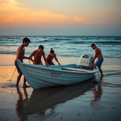 Capture a group of young men helping on a partially submerged boat at the beach during golden hour with a 35mm lens, f/8 aperture, ISO 200, and a shutter speed of 1/500 second, using a DSLR camera for enhanced clarity and detail.